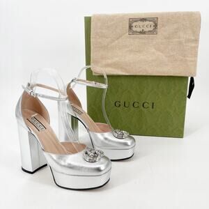 Gucci Silver Metallic Crystal GG Platform Ankle Strap Block Heel Pumps EU 37.5
